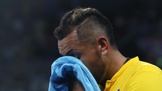 BRISBANE, AUSTRALIA - JANUARY 03: Nick Kyrgios of Australia reacts after winning his match against Jan-Lennard Struff of Germany during day one of the 2020 ATP Cup Group Stage at Pat Rafter Arena on January 03, 2020 in Brisbane, Australia. (Photo by Chris Hyde/Getty Images)