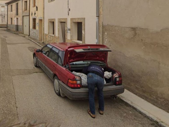 This image helped police investigate a missing person's case in Spain. Pic: Google Maps Street View . A Google street view image of a man loading a large white plastic bag into the boot of his car has led to the arrest of two people on suspicion of murder. Picture Google