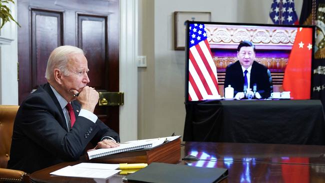 US President Joe Biden meets with China's President Xi Jinping during a virtual summit in November last year. Picture: AFP