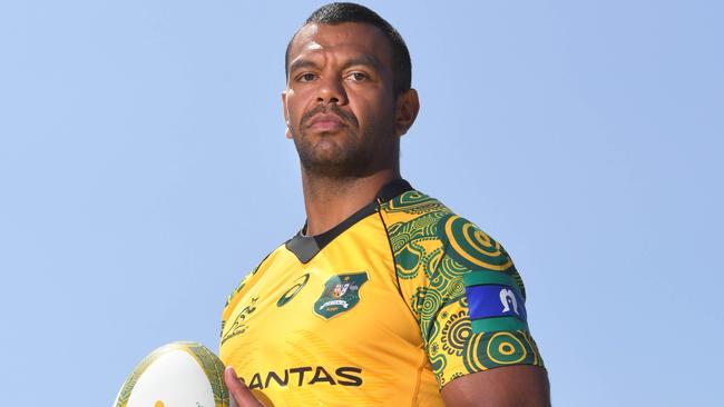 Kurtley Beale wearing the indigenous jersey the Wallabies will wear when they play New Zealand. Picture: Simon Bullard