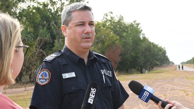 Detective Senior Sergeant Brendan Lindner discusses the crash on Gunn Point Rd. Picture: Katrina Bridgeford.