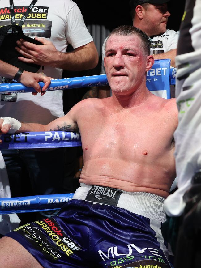 Pictured is boxer Paul Gallen after being beaten by his opponent Justis Huni in their bout for the Australian Heavyweight Title held at the ICC in Sydney. Picture: Richard Dobson