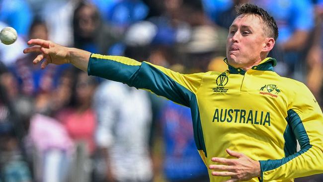 Marnus Labuschagne throws the ball to run out Bangladesh's Najmul Hossain Shanto. Picture: Punit PARANJPE / AFP
