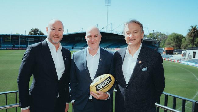 (Left to right) Sayers alongside Carlton’s deputy CEO Graham Wright and chief executive Brian Cook at Ikon Park. Photo: Carlton FC