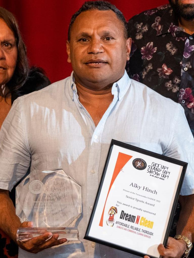 Alky Hinch (centre) was awarded the 2022 NAIDOC Senior Sports Award. July 8, 2022.