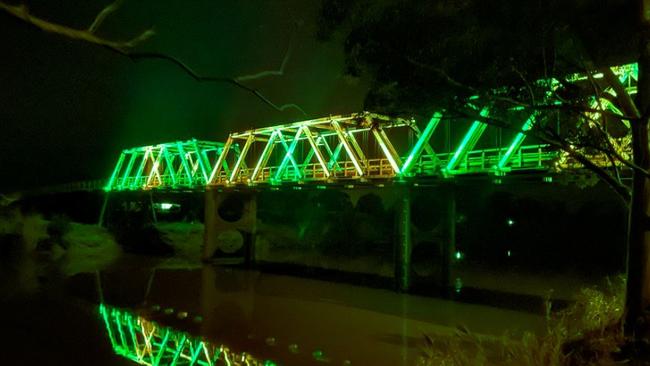 The Morpeth Bridge lit up for the 2024 Paris Olympics. Picture: Maitland City Council