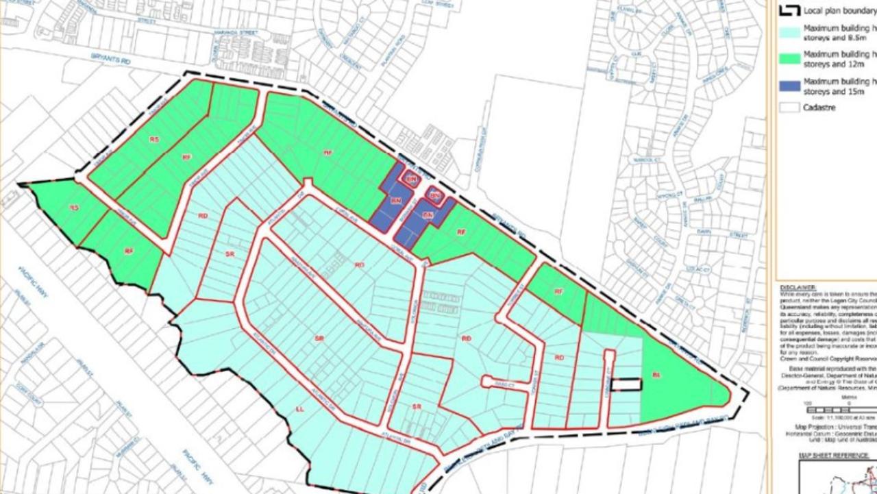 A map of Loganholme with the light-blue showing a maximum of two storeys; green showing a maximum of three storeys or 12m; and dark blue showing building heights of 15m.