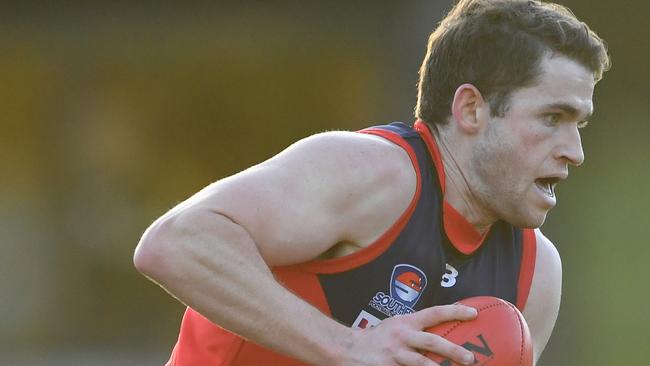 Robert Macpherson of Chelsea Heights runs with the ball during the round nine 2023 Southern Football Netball League Division 1 Senior match between Cheltenham and Chelsea Heights at Cheltenham Recreation Reserve in Cheltenham, Victoria on June 17, 2023. (Photo by Josh Chadwick)