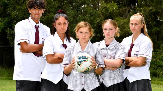 Mustafa Mohammed, Aleeah Davern, Chloe Davison, Lilli Dunn and Morgan Stanton join Marsden SHS as fine young football prospects. Picture, John Gass