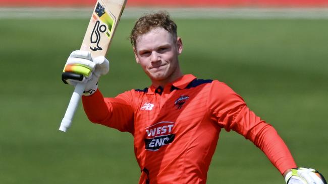 ADELAIDE, AUSTRALIA - OCTOBER 08:  Jake Fraser-McGurk of the Redbacks  celebrates bringing up his record breaking century with  Henry Hunt of the Redbacks during the Marsh One Day Cup match between South Australia and Tasmania at Karen Rolton Oval, on October 08, 2023, in Adelaide, Australia. (Photo by Mark Brake/Getty Images)