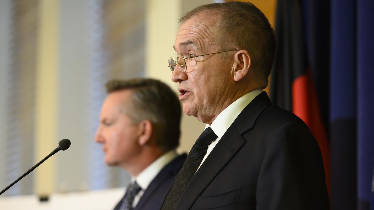 Businessman James MacKenzie (right) speaks alongside Shadow treasurer Chris Bowen. Picture: Rohan Thomson/AAP