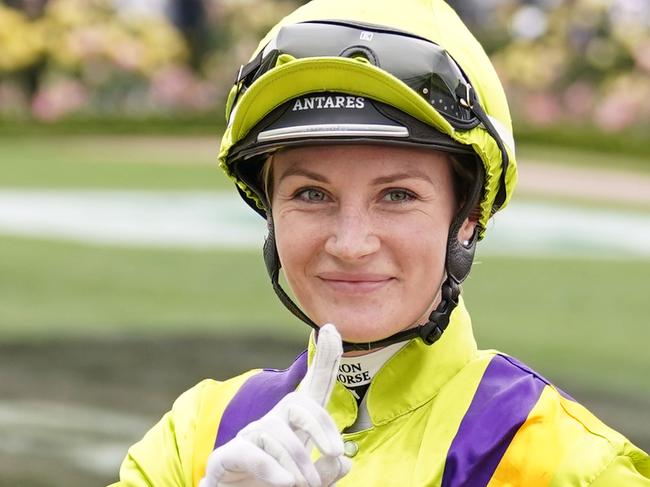 Jamie Kah returns to the mounting yard after winning the Resimax Group Always Welcome Stakes at Flemington Racecourse on November 11, 2023 in Flemington, Australia. (Photo by Scott Barbour/Racing Photos via Getty Images)