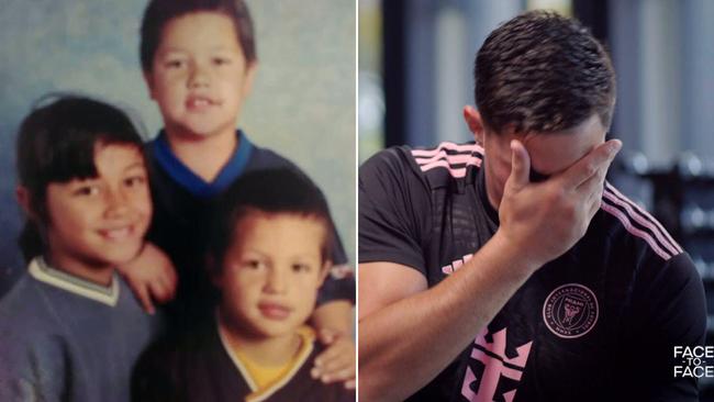 Joseph Tapine as a child with his brother and sister, and in tears while discussing his father on Fox League's Face to Face.