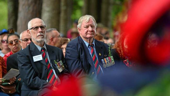 STRONG BOND: John English and Alan Chandler at the Buderim Anzac Day main service. Picture: John McCutcheon