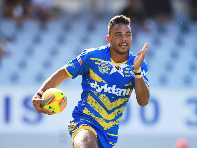 Bevan French of the Eels races away for a try in the semi final against the Storm during the Auckland Nines day 2 at Eden Park, Auckland, New Zealand. pic Mark Evans