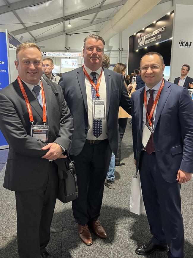 James Palmer Space Centre Australia CEO, Tom Young, Orbit Boy Director, and Vasyl Myroshnychenko, Ukraine Ambassador to Australia and New Zealand, at the 2023 Avalon Air Show. Picture: Supplied