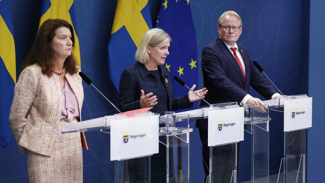 (L to R) Sweden's Foreign Minister Ann Linde, Prime Minister Magdalena Andersson and Defense Minister Peter Hultqvist hold a press conference on the gas leak in the Baltic Sea from Nord Stream in Stockholm.