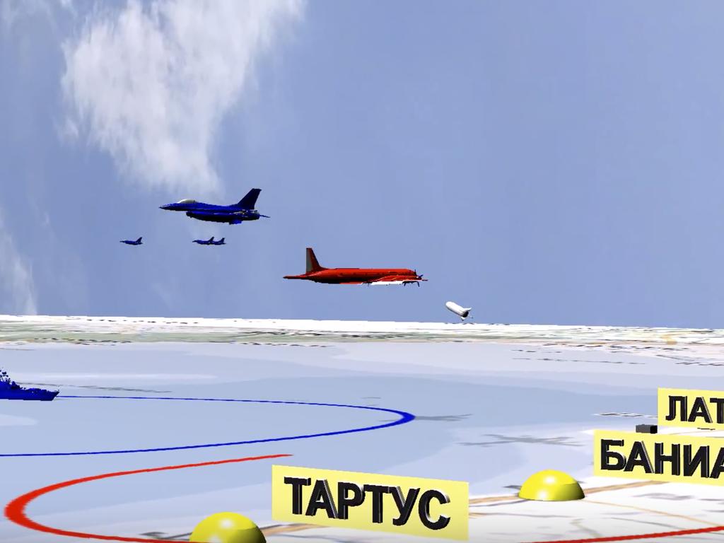 A computer simulation released by the Russian Defence Ministry purports to show Israeli jets near to the Russian reconnaissance plane, shown in red, off Syria's coast before it was accidentally shot down. Picture: AP