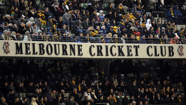 Action in the third quarter. 2011 Qualifying Final. Hawthorn v Geelong. MCG. MCC. Members stand. Melbourne Cricket Club.