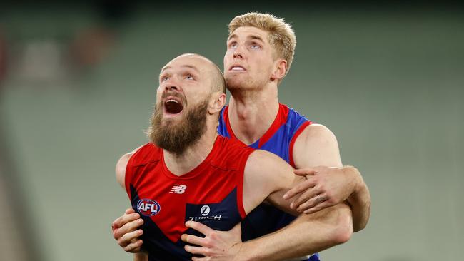 Tim English battles Max Gawn. Picture: Michael Willson/Getty