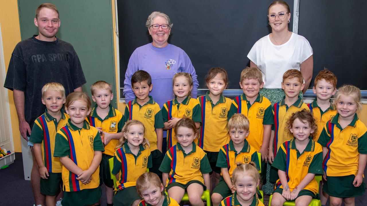 MY FIRST YEAR 2024: Drayton State School Prep students with staff (from left) teacher's aide Colby Hennessy, teacher Stacey Ormsby and pre-service teacher Tahlia Dawson, March 2024. Picture: Bev Lacey