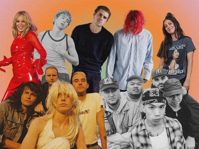 Clockwise from top: Kylie Minogue, Troye Sivan, Royel Otis, Amy Shark, SPEED, Amyl & the Sniffers