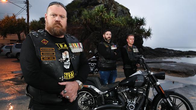 Veterans Motorcycle Club members Daniel "Prenno" Prentice, Justin Paul and Mat G, will be at the Currumbin RSL ANZAC Dawn Service at Elephant Rock Currumbin to honour their fallen comrades. Picture Glenn Hampson