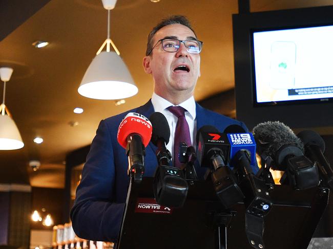 South Australian Premier Steven Marshall is seen during a media oppurtunity at the Alma Hotel in Adelaide, Monday, June 1, 2020. The Premier is speaking to the media about re-easing restrictions in the hospitality industry. (AAP Image/David Mariuz) NO ARCHIVING