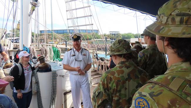 Young Endeavour Captain, Lt. Commander Andrew Leupen, welcomes visitors. Picture: Aden Hill