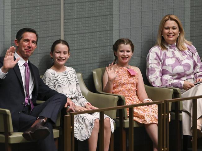 Simon Birmingham, his wife Courtney Morcombe and their daughters in the House of Representatives.