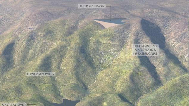 Artistic rendering of the upper and lower reservoirs at the Oven Mountain Pumped Hydro site. Source: Supplied