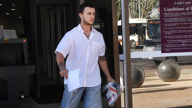 Tony Allan Simpson, 22, leaves the Darwin Local Court after being granted bail on charges of recklessly endangering life and unlawfully causing serious harm.