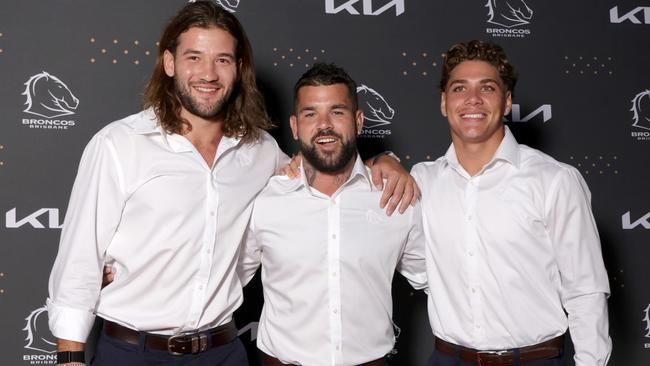 L to R, Patrick Carrigan, Adam Reynolds, Reece Walsh, attend the Brisbane Broncos Season launch, Pandanus Avenue, Pinkenba, on Thursday 15th February 2024 - Photo Steve Pohlner