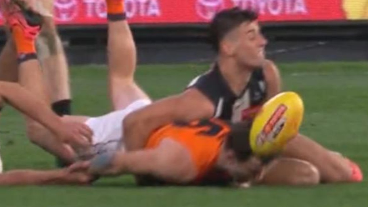 Nick Daicos could be in trouble for this tackle on Brent Daniels. Photo: Seven