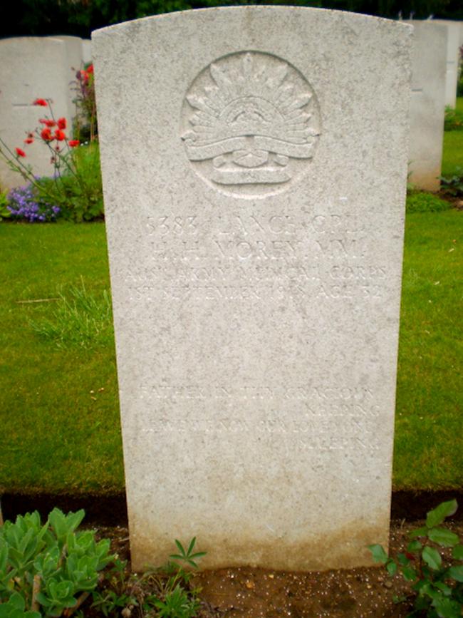 Lance Corporal Morey’s grave in the Peronne Communal Cemetery Extension, France. Picture: A. HOWARD AND K. BLACK