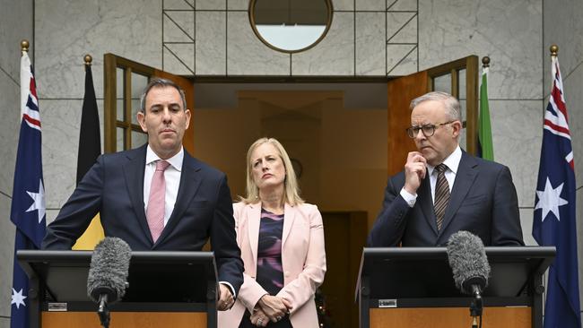 Anthony Albanese, Jim Chalmers and Katy Gallagher hold a press conference at Parliament House in Canberra. Picture: Martin Ollman/NewsWire