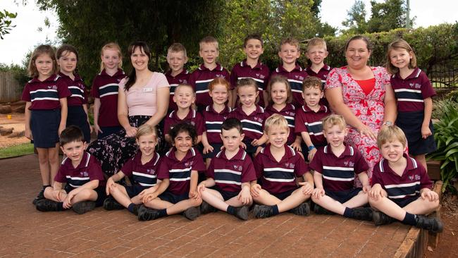 My First Year 2023: Mary MacKillop Catholic College, Highfields, Prep A students with Elissa Chapman (left) and Natasha Hess. February 2023 Picture: Bev Lacey