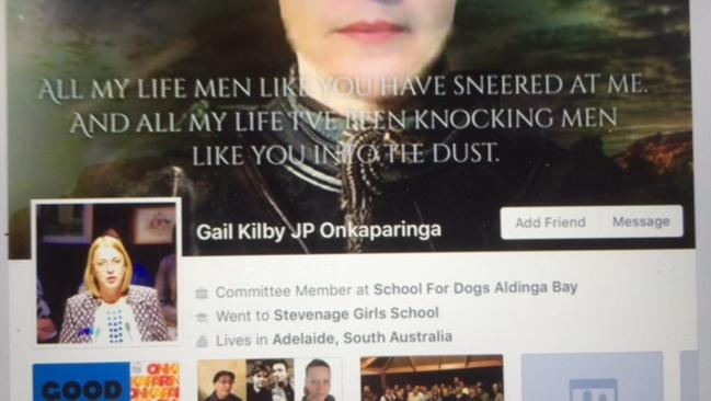 A screenshot of Onkaparinga councillor Gail Kilby's Facebook page, before it was taken down.