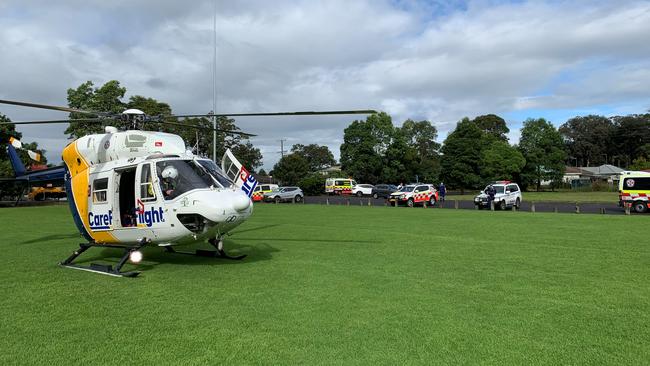 The CareFlight helicopter at Baker Park where Mr Van Meeteren was taken before being flown to Royal North Shore Hospital. Picture: CareFlight