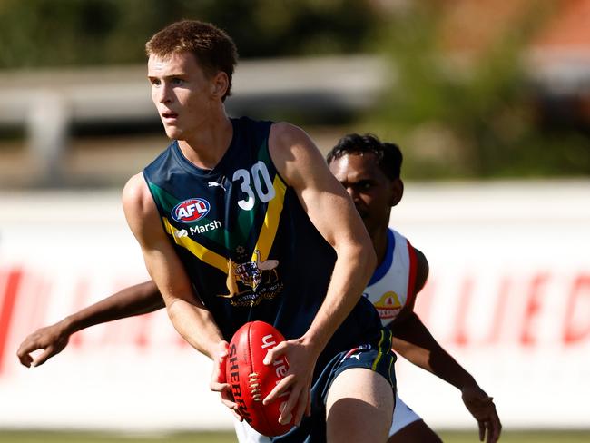 MELBOURNE, AUSTRALIA - APRIL 27: Luke Trainor of the AFL Academy in action during the 2024 AFL Academy match between the Marsh AFL National Academy Boys and Footscray Bulldogs at Whitten Oval on April 27, 2024 in Melbourne, Australia. (Photo by Michael Willson/AFL Photos via Getty Images)