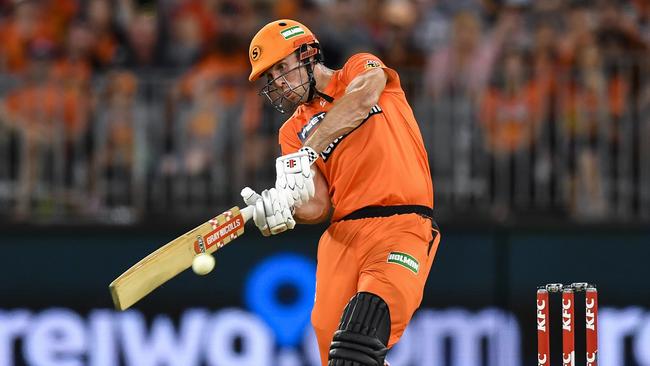 Mitch Marsh hits out during the Big Bash League match between the Perth Scorchers and Brisbane Heat at Optus Stadium. Picture: Getty Images