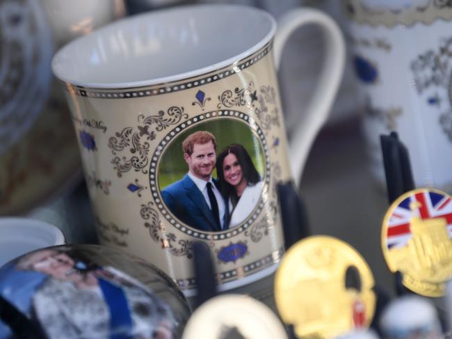 Royal memorabilia featuring Britain's Prince Harry, Duke of Sussex, and Meghan, Duchess of Sussex is displayed in a souvenir shop in Windsor. Picture: AFP