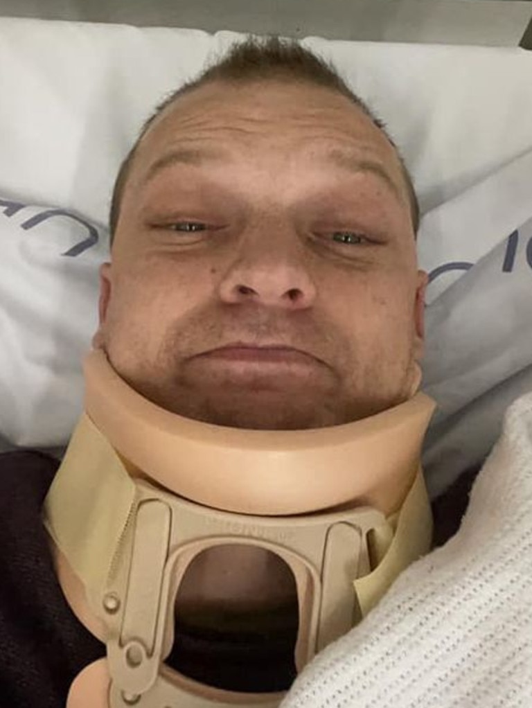Jockey Jason Maskiell was taken to hospital in a neck brace following a track accident at Cranbourne on Monday. Picture : Facebook.