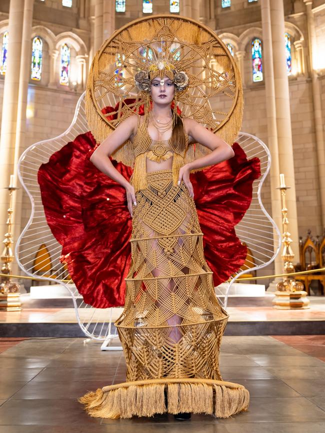 Jodie’s winning piece for the 2019 Australian Wearable Art Competition is named Amaterasu after The Japanese Goddess of the Sun. Photo: Chi Yeung, Momento Road Photography