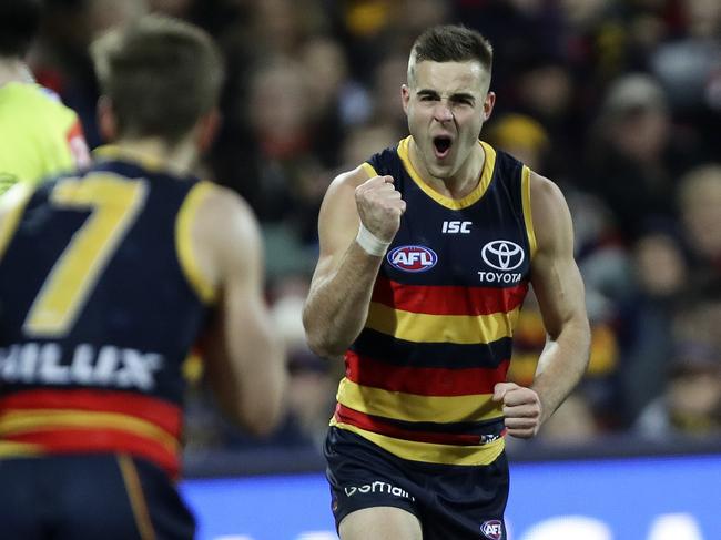 Myles Poholke celebrates a goal for the Adelaide Crows. Picture Sarah Reed