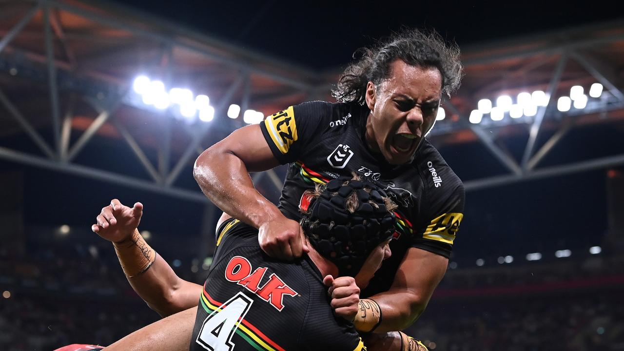 Jarome Luai celebrates with Matt Burton. Photo by Bradley Kanaris/Getty Images.