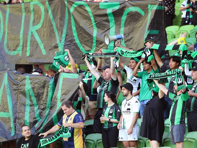 Western United fans enjoy their team’s win over Melbourne Victory. Picture: Kelly Defina/Getty Images