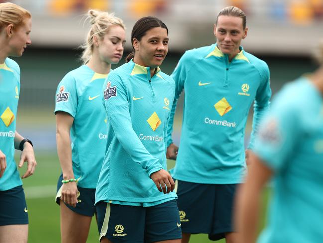 BRISBANE, AUSTRALIA - JULY 17: Sam Kerr during an Australia Matildas training session ahead of the FIFA Women's World Cup Australia & New Zealand 2023 Group B match between Australia and Ireland at Queensland Sport and Athletics Centre on July 17, 2023 in Brisbane, Australia. (Photo by Chris Hyde/Getty Images)