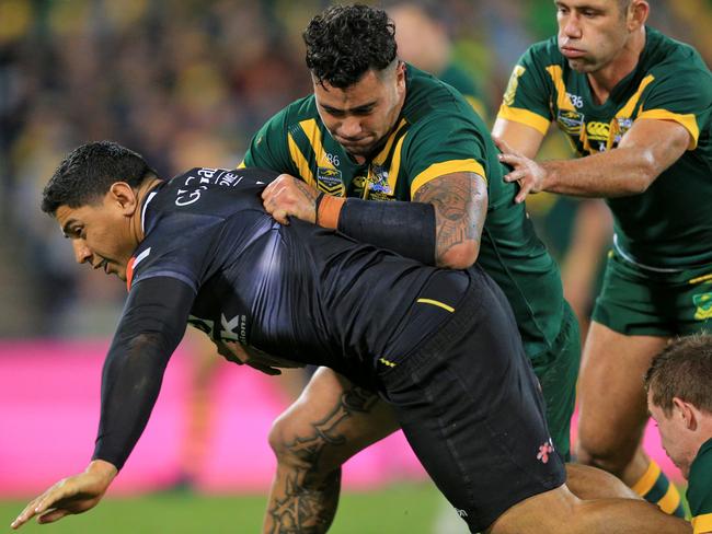 Jason Taumalolo tackled by Andrew Fifita  during the Australian Kangaroos v The New Zealand Kiwis ANZAC match at GIO Stadium, Canberra. pic Mark Evans