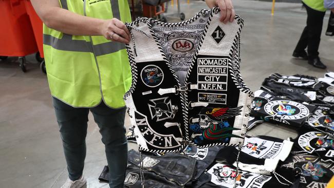 Pictured at an industrial shredding facility in Sydney is outlaw motorcycle gang paraphernalia being destroyed following successful investigations and prosecutions by Strike Force Raptor North in the dismantling of the Nomads and Finks in the Newcastle/Hunter region. The strike force may be gone, but the tough stance on bikies has not changed.